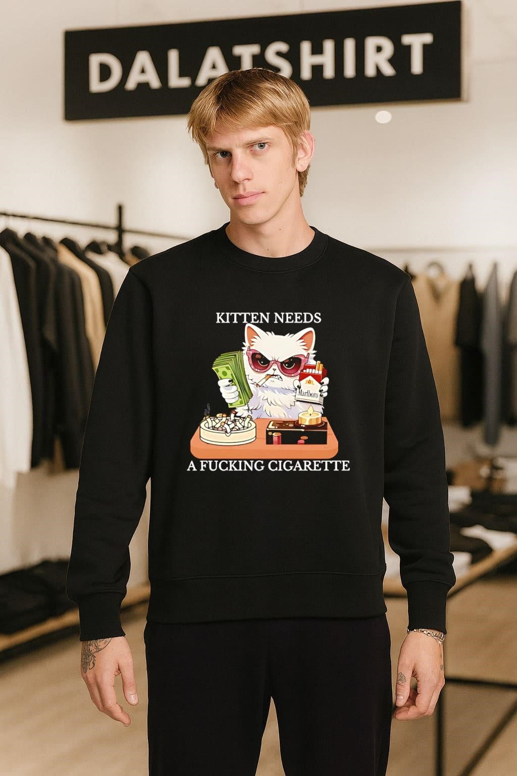 Kitten Needs A Fucking Cigarette Funny Cat Smoking Money Glasses shirt