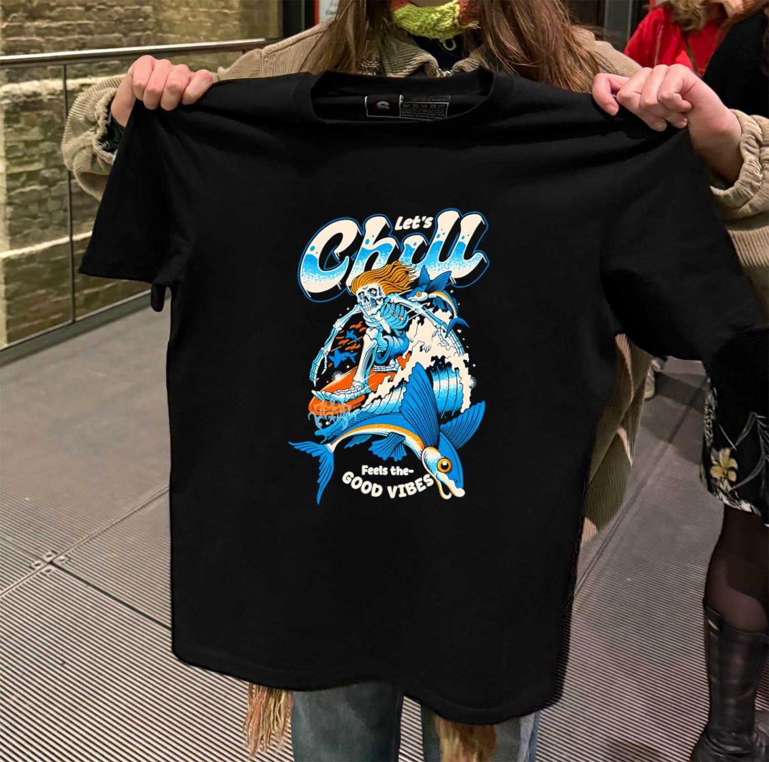 Let’s Chill Feels the Good Vibes Surfing Skeleton Fish shirt