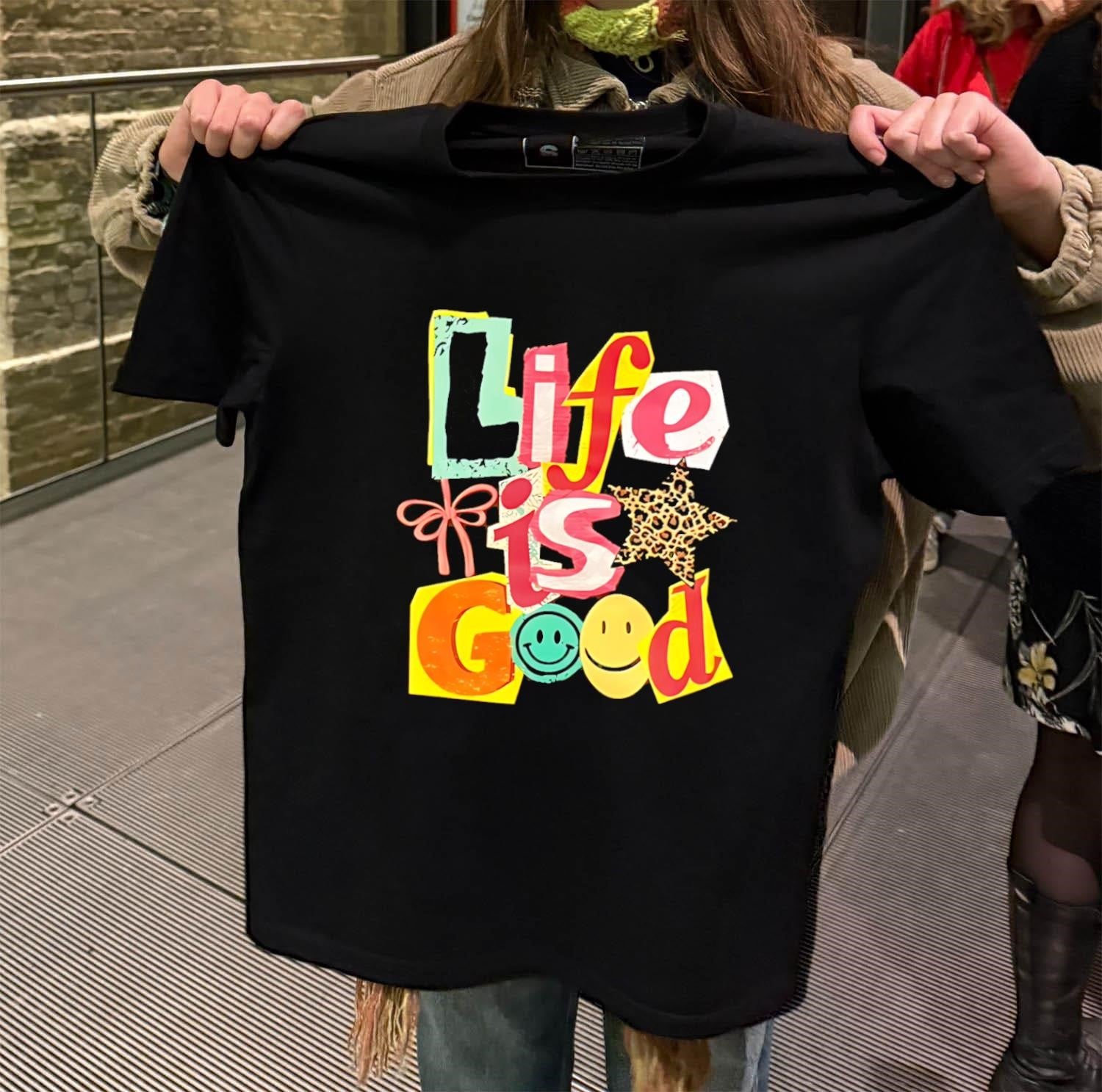 Life Is Good Ransom Note Collage Smiley Face Star shirt