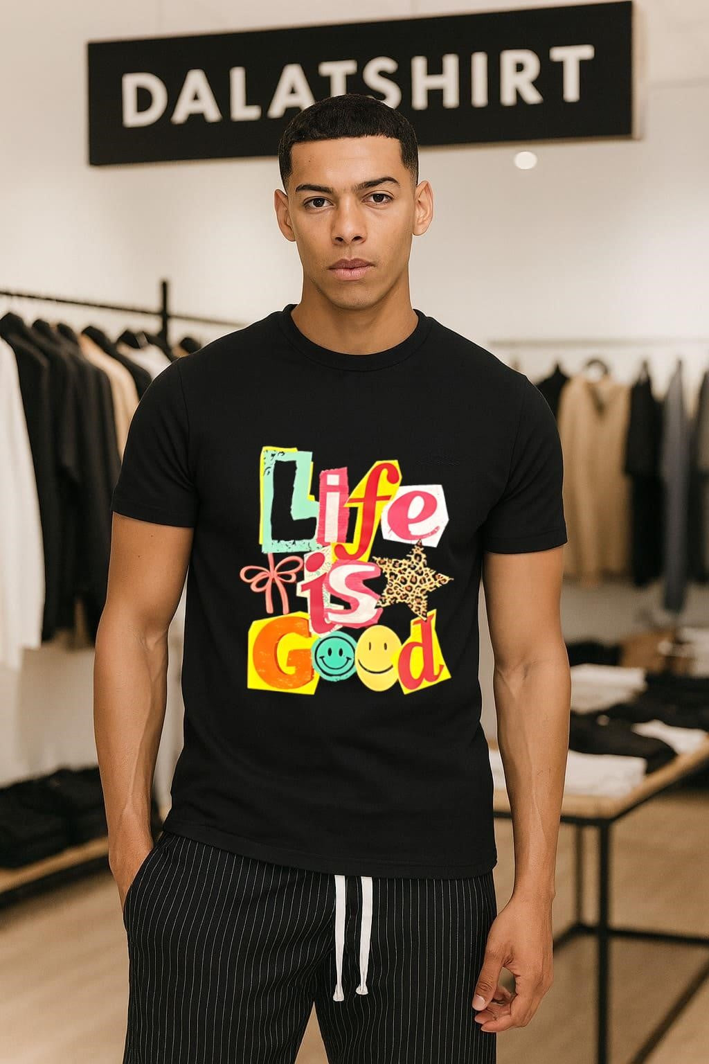 Life Is Good Ransom Note Collage Smiley Face Star shirt