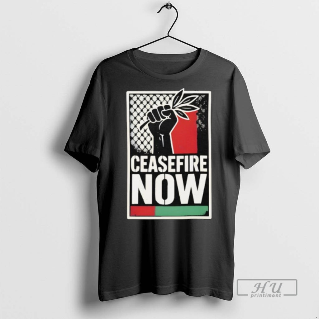 Limited Edition Ceasefire Now Pro Palestine Activist Fist With Olive Branch Graphic Tee Shirt