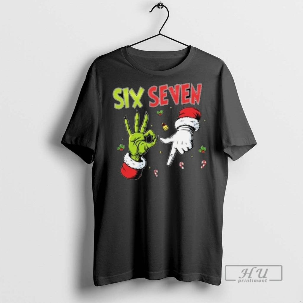 Limited Edition Grinch And Santa Hands Six Seven Christmas 2025 Long Sleve Graphic