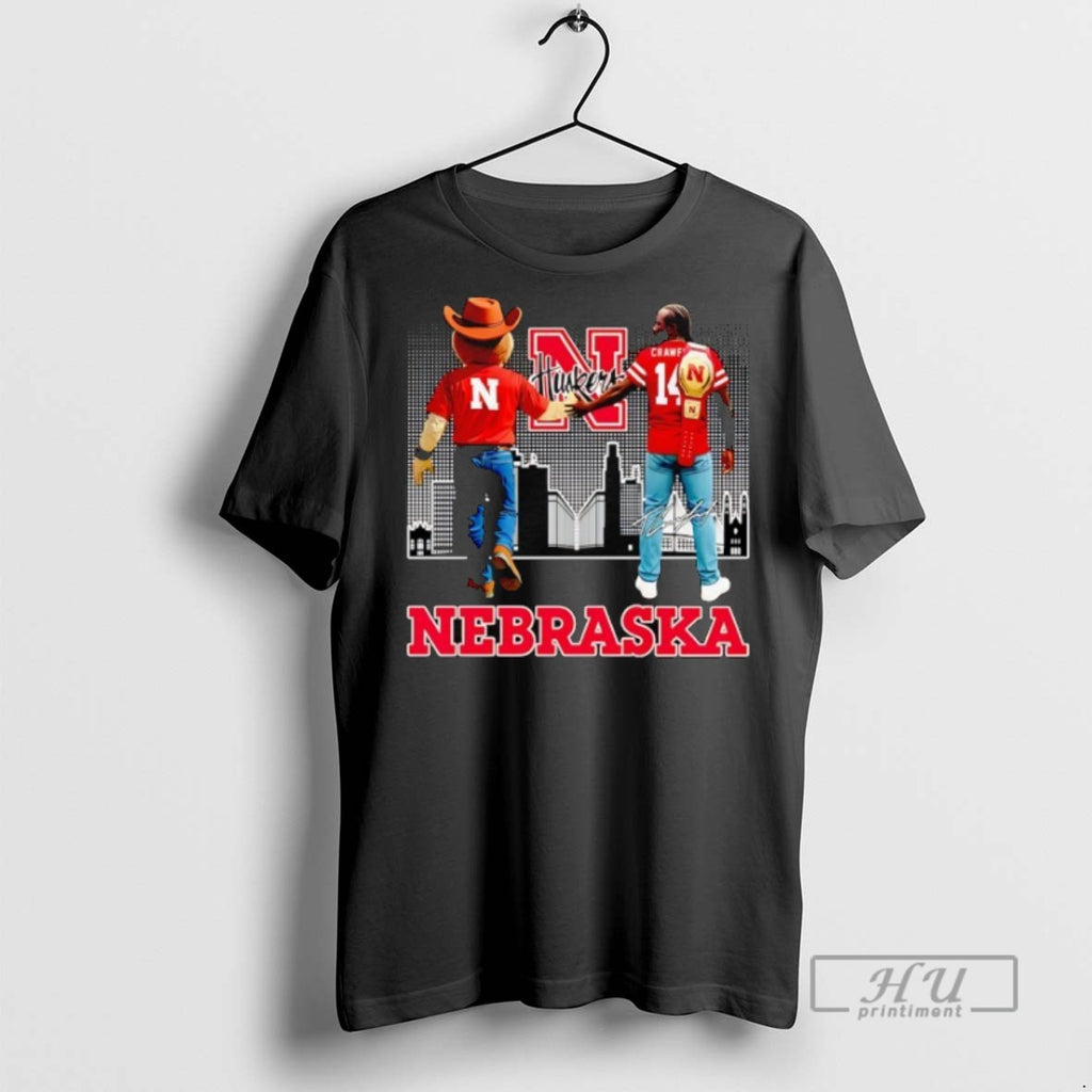 Limited Edition Herbie Husker And Crawford Nebraska Cornhuskers City Skyline Signature Graphic Tee Shirt