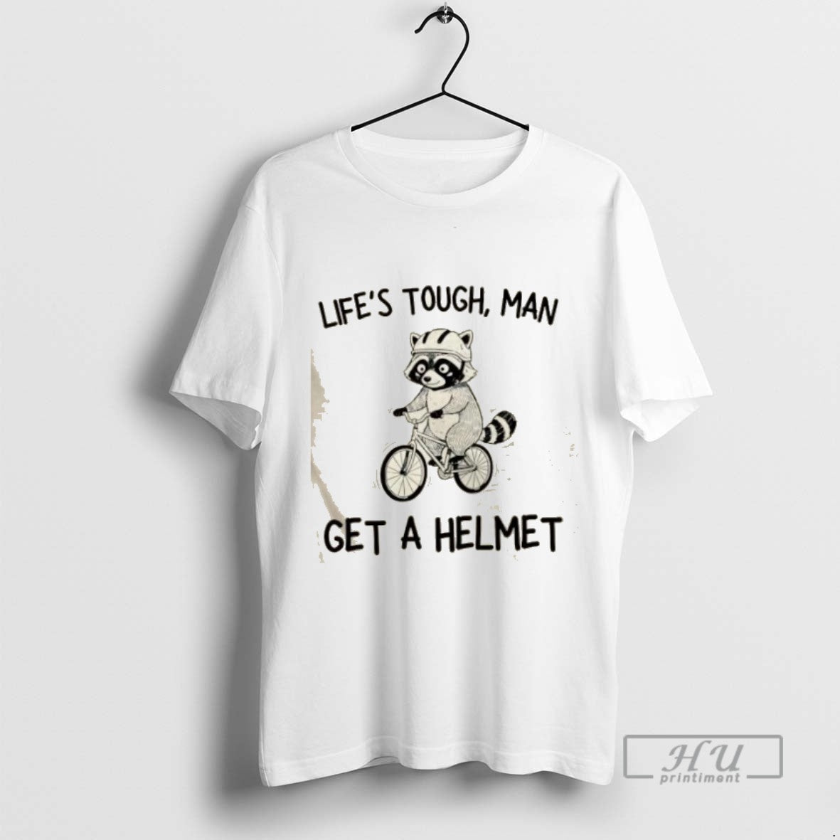 Limited Edition Raccoon Bicycle Lifes Tough Man Get A Helmet Graphic Tee Shirt Sweatshirt Hoodies