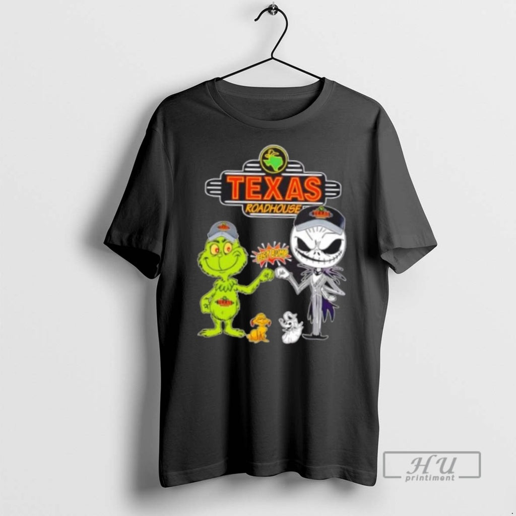 Limited Edition Texas Roadhouse X Grinch And Jack Skellington Fist Bump Uniwilling Friends Graphic Tee