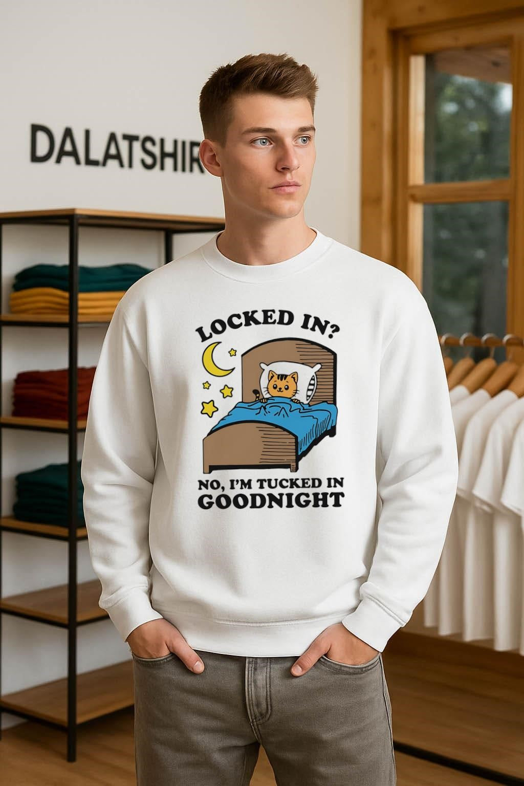 Locked In No I’m Tucked In Goodnight Cat Bed shirt