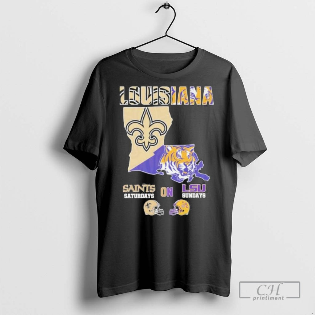 Louisiana Map With Saints And Tigers T Shirts
