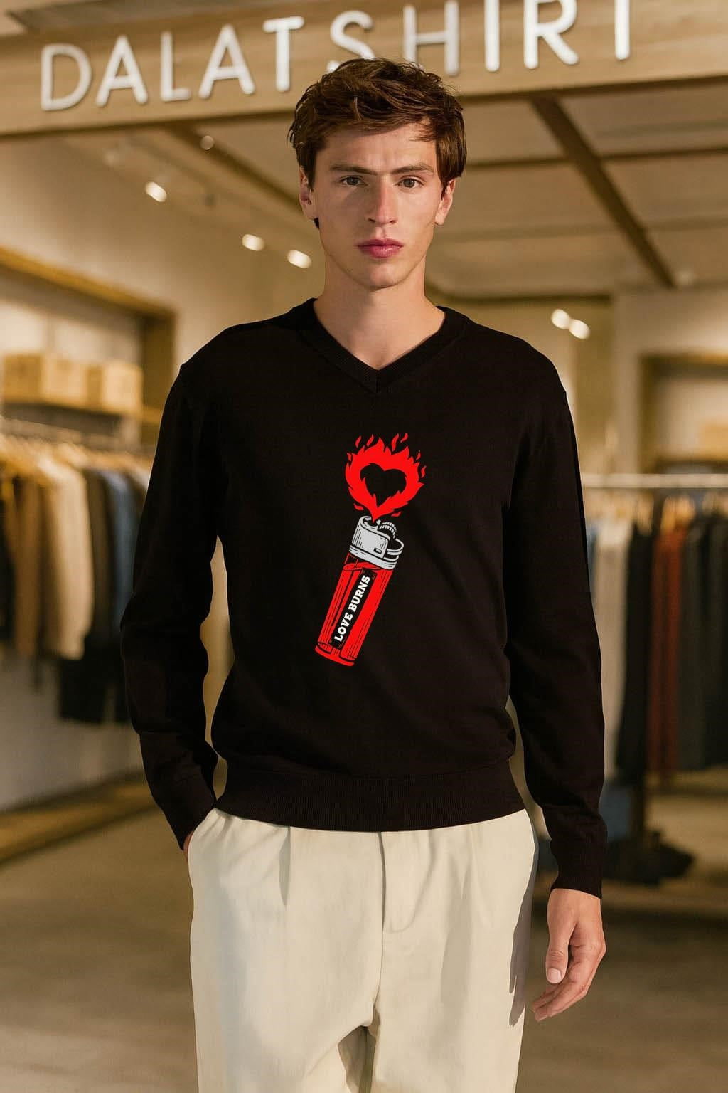 Love Burns Heart Flame Red Lighter Illustration Graphic shirt