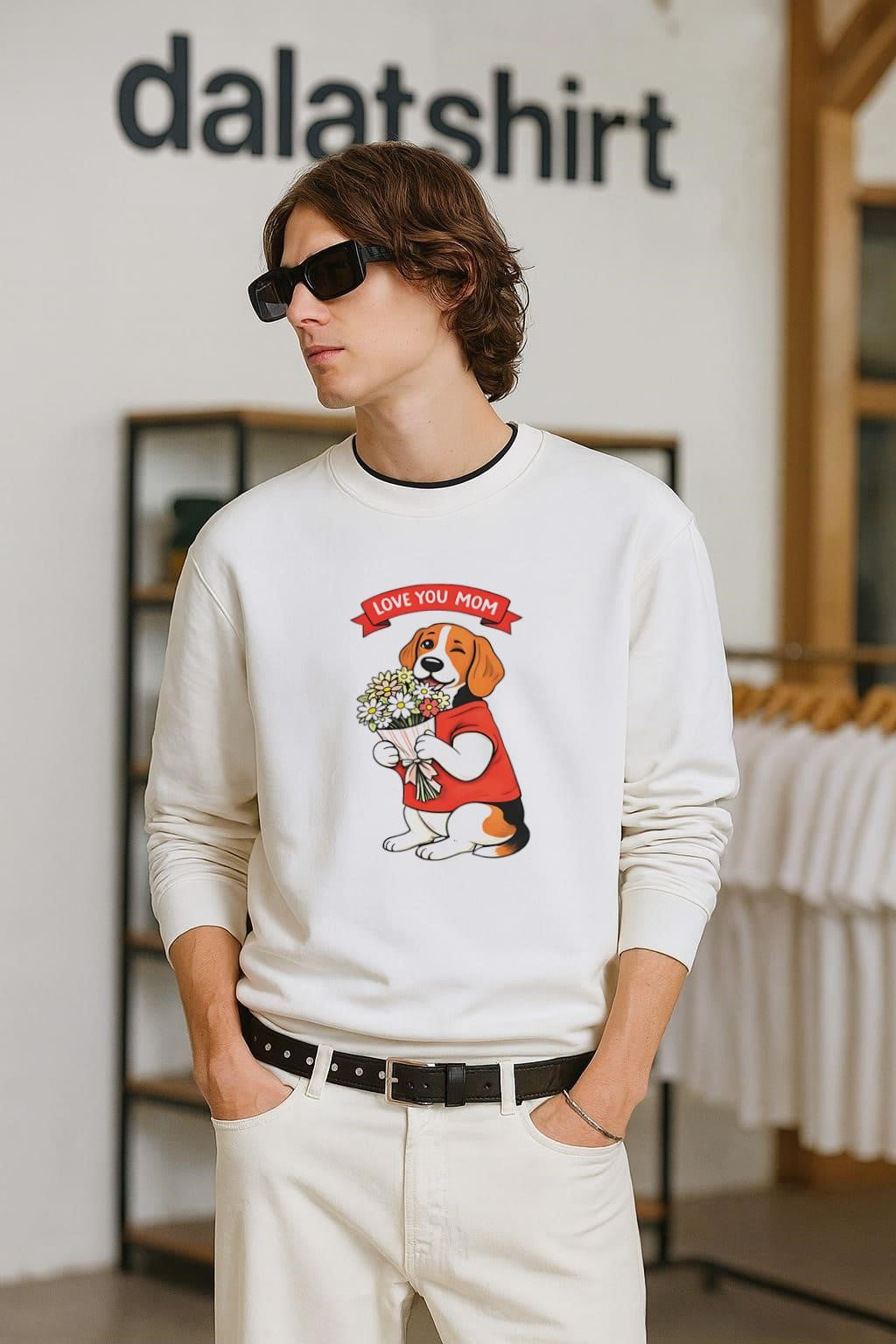 Love You Mom Beagle Dog Holding Flowers shirt
