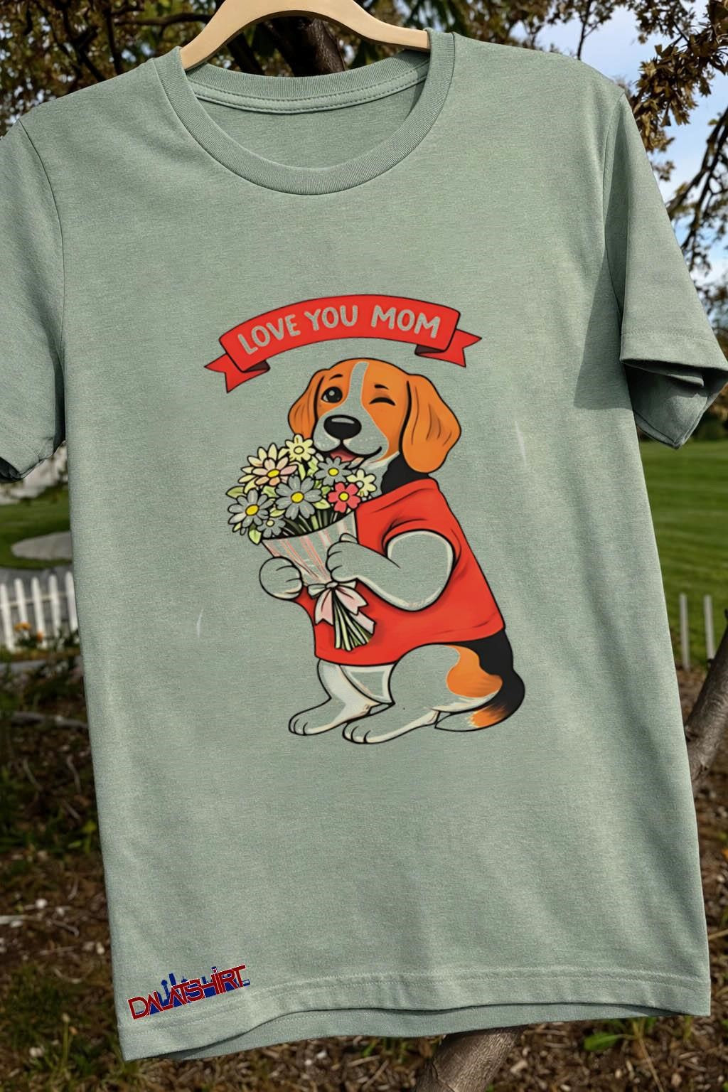 Love You Mom Beagle Dog Holding Flowers shirt