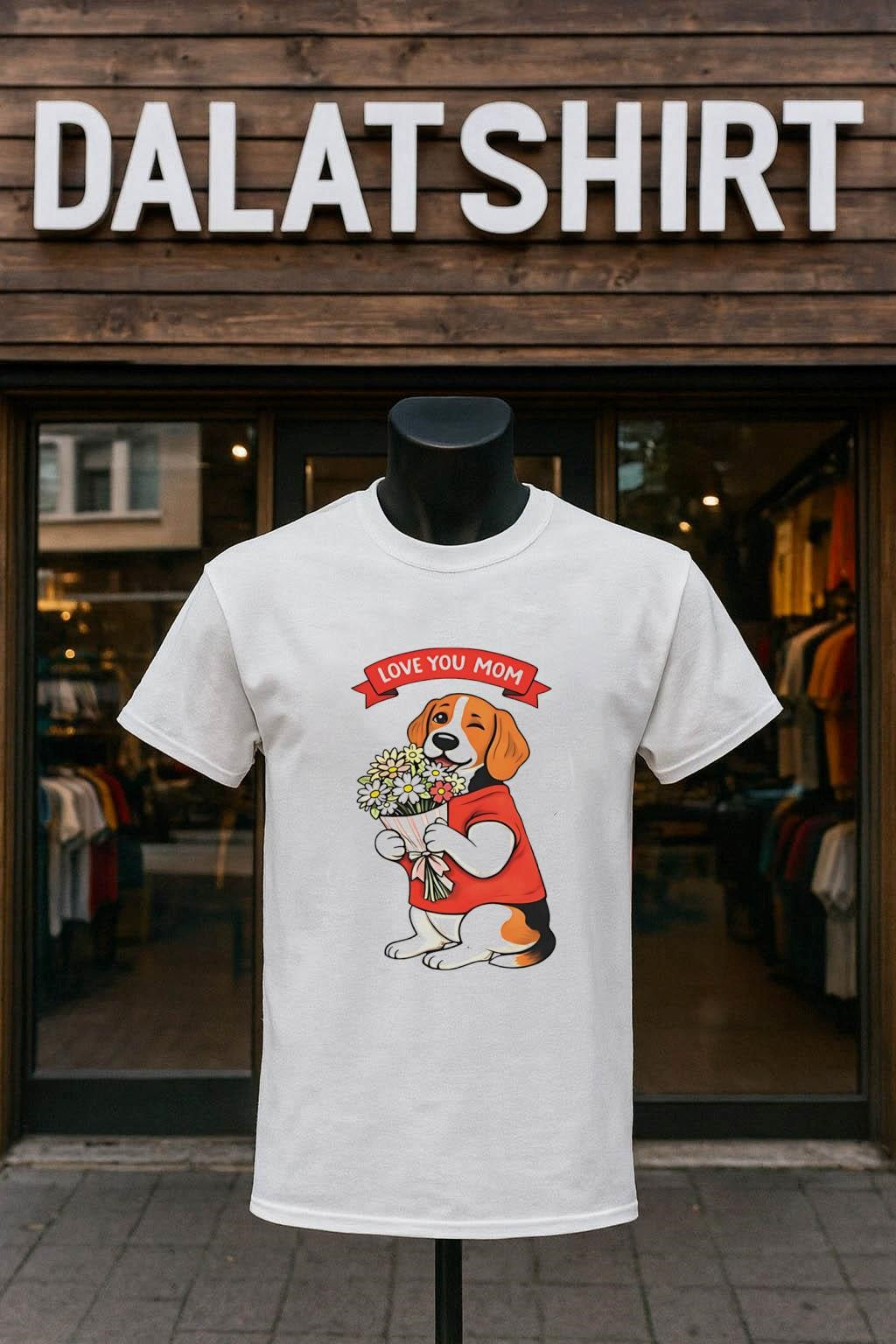 Love You Mom Beagle Dog Holding Flowers shirt