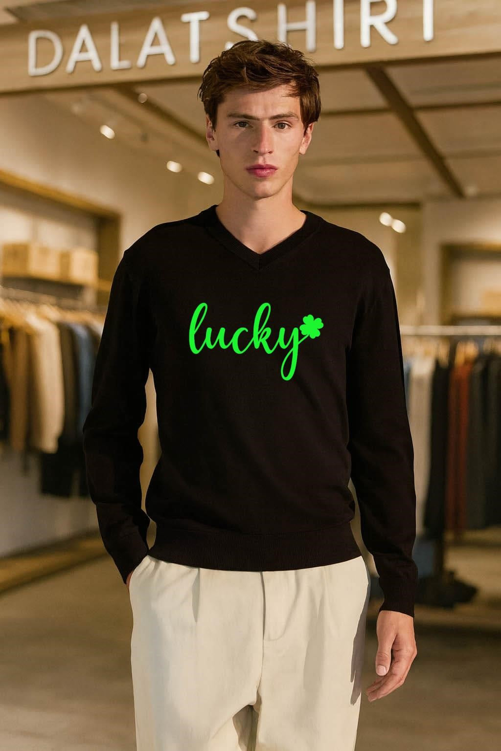 Lucky Cursive Text With Green Shamrock Clover Leaf shirt