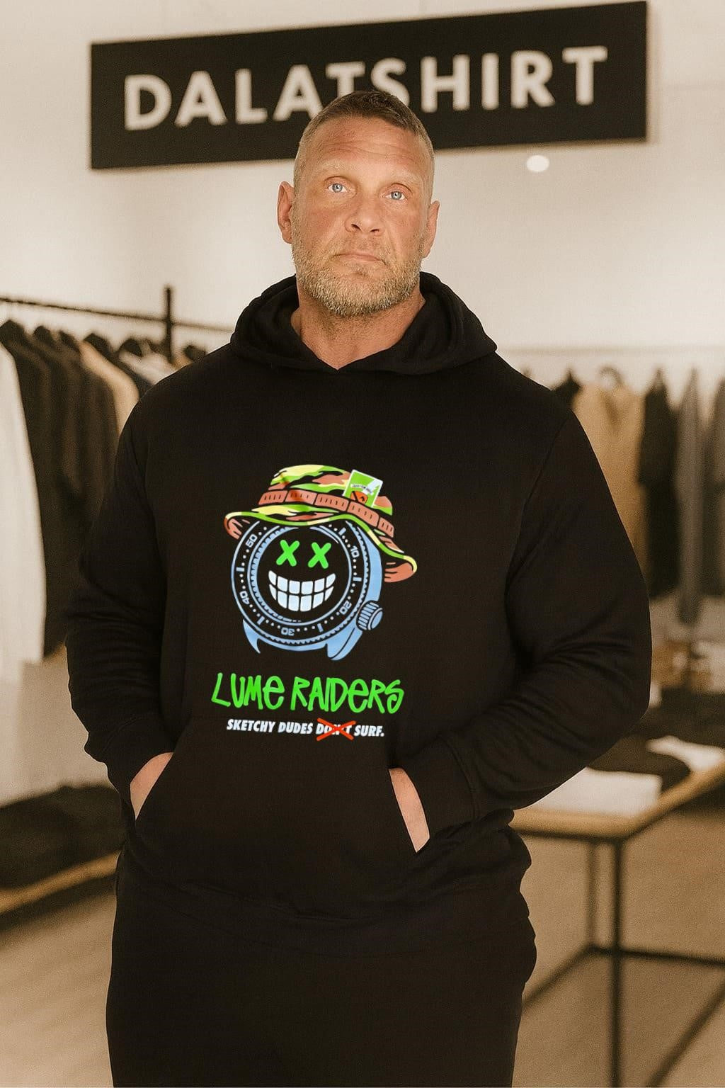 Lume Raiders Sketchy Dudes Don’t Surf Watch Face Smiley shirt