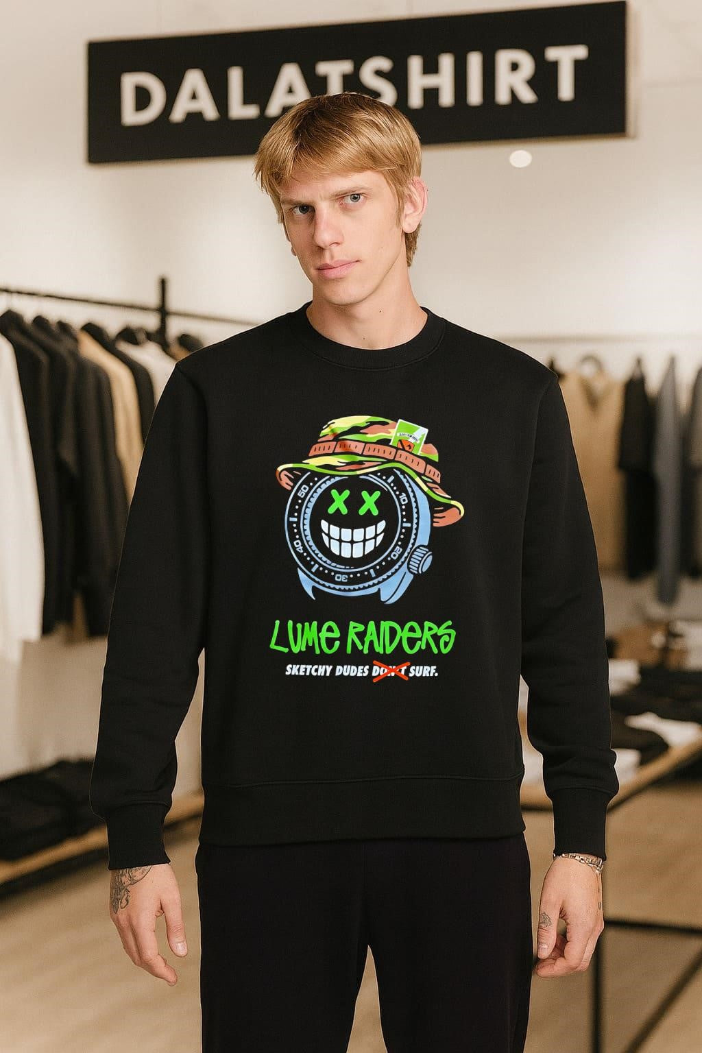 Lume Raiders Sketchy Dudes Don’t Surf Watch Face Smiley shirt