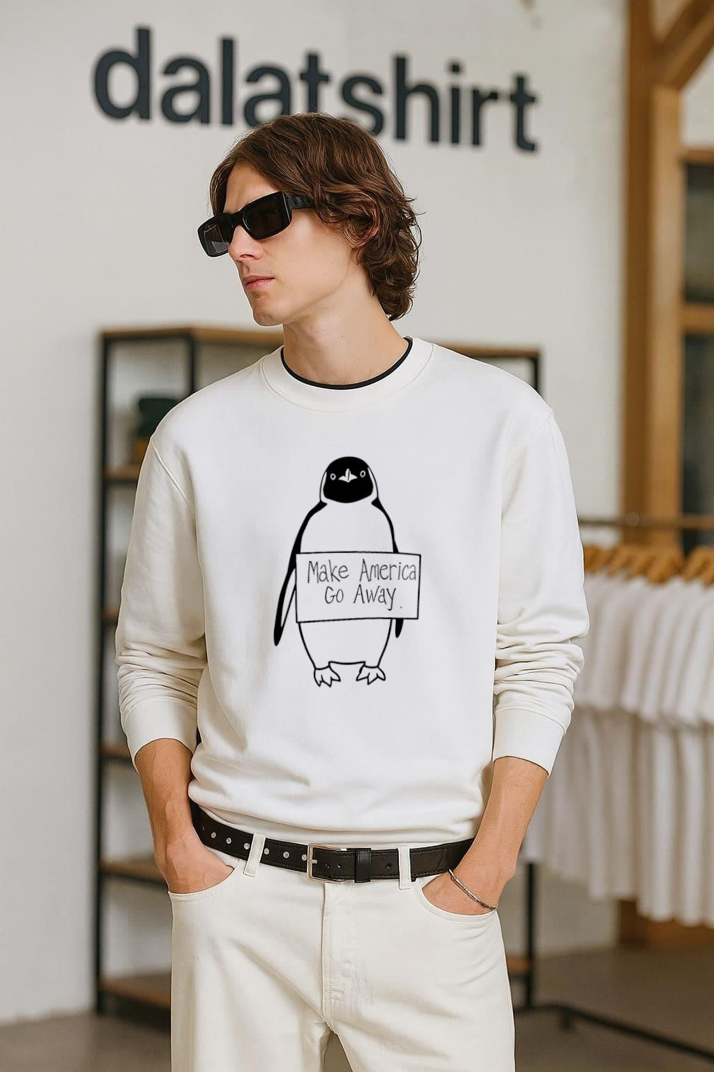 Make America Go Away Penguin Holding Protest Sign Graphic shirt