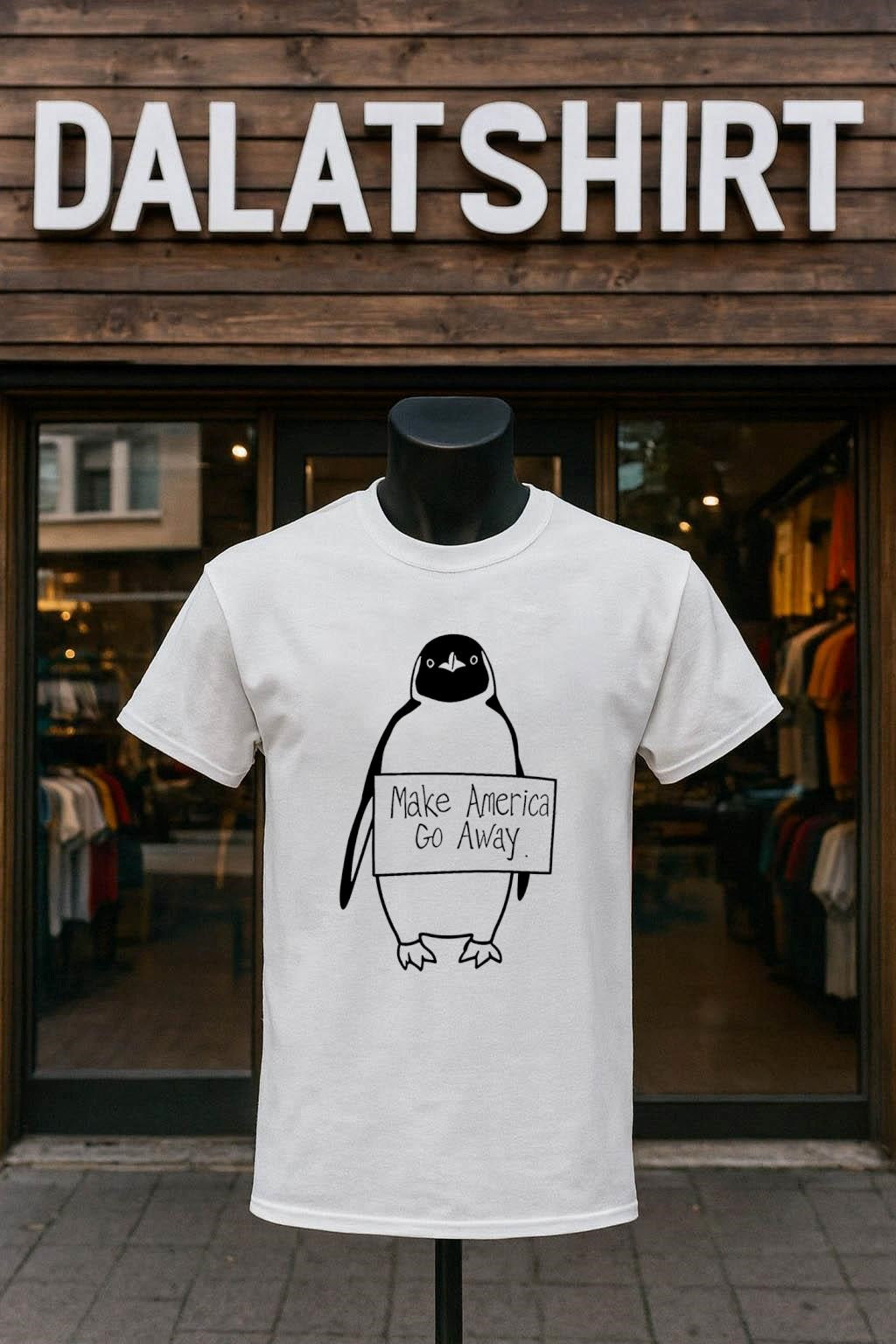 Make America Go Away Penguin Holding Protest Sign Graphic shirt
