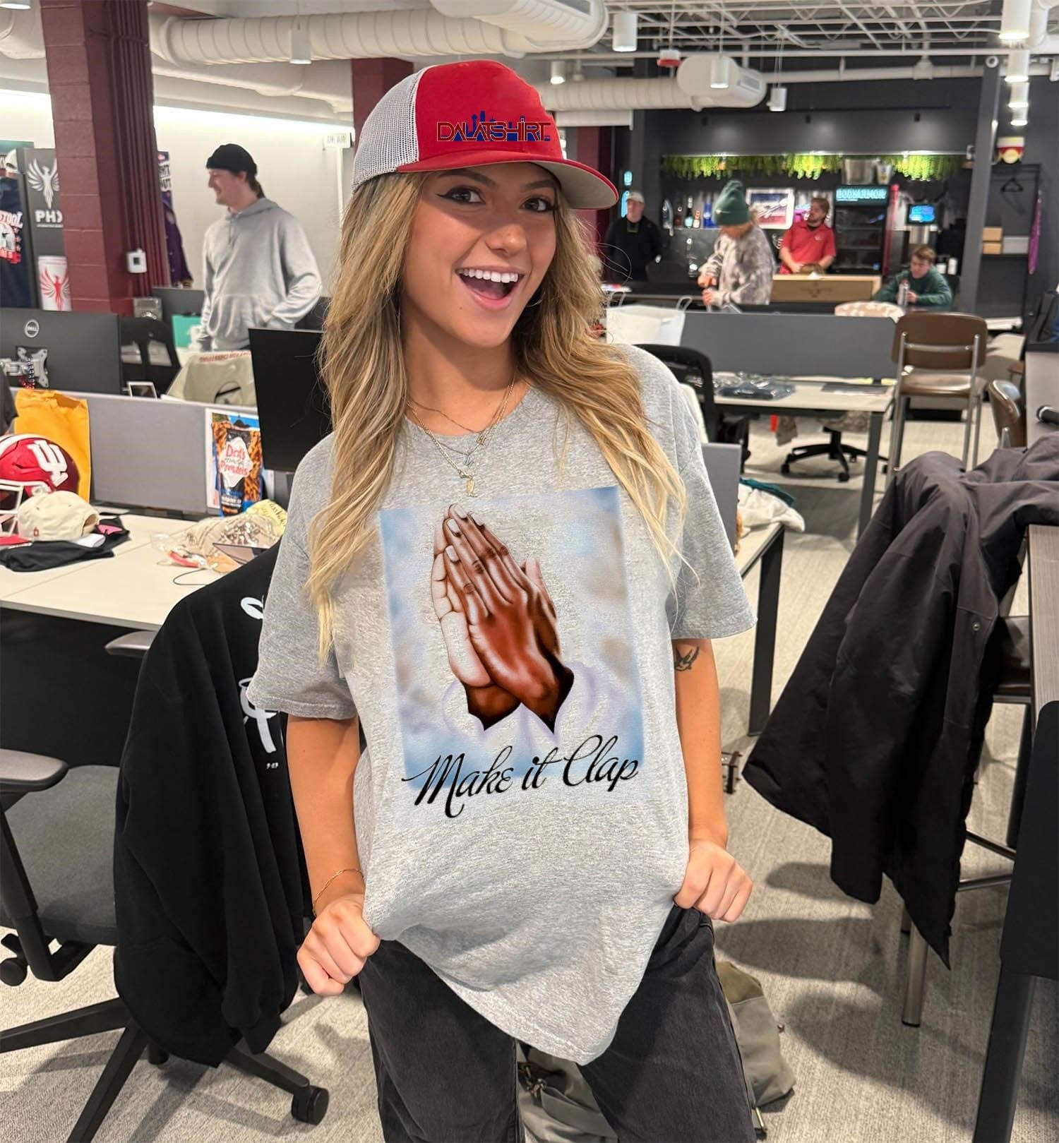Make It Clap praying hands in sky shirt