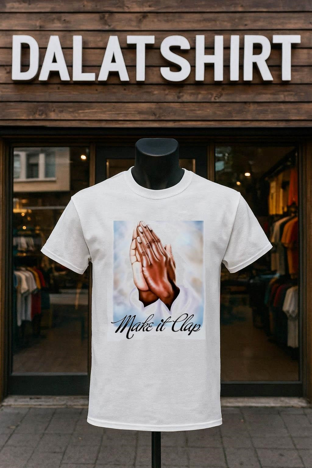 Make It Clap praying hands in sky shirt