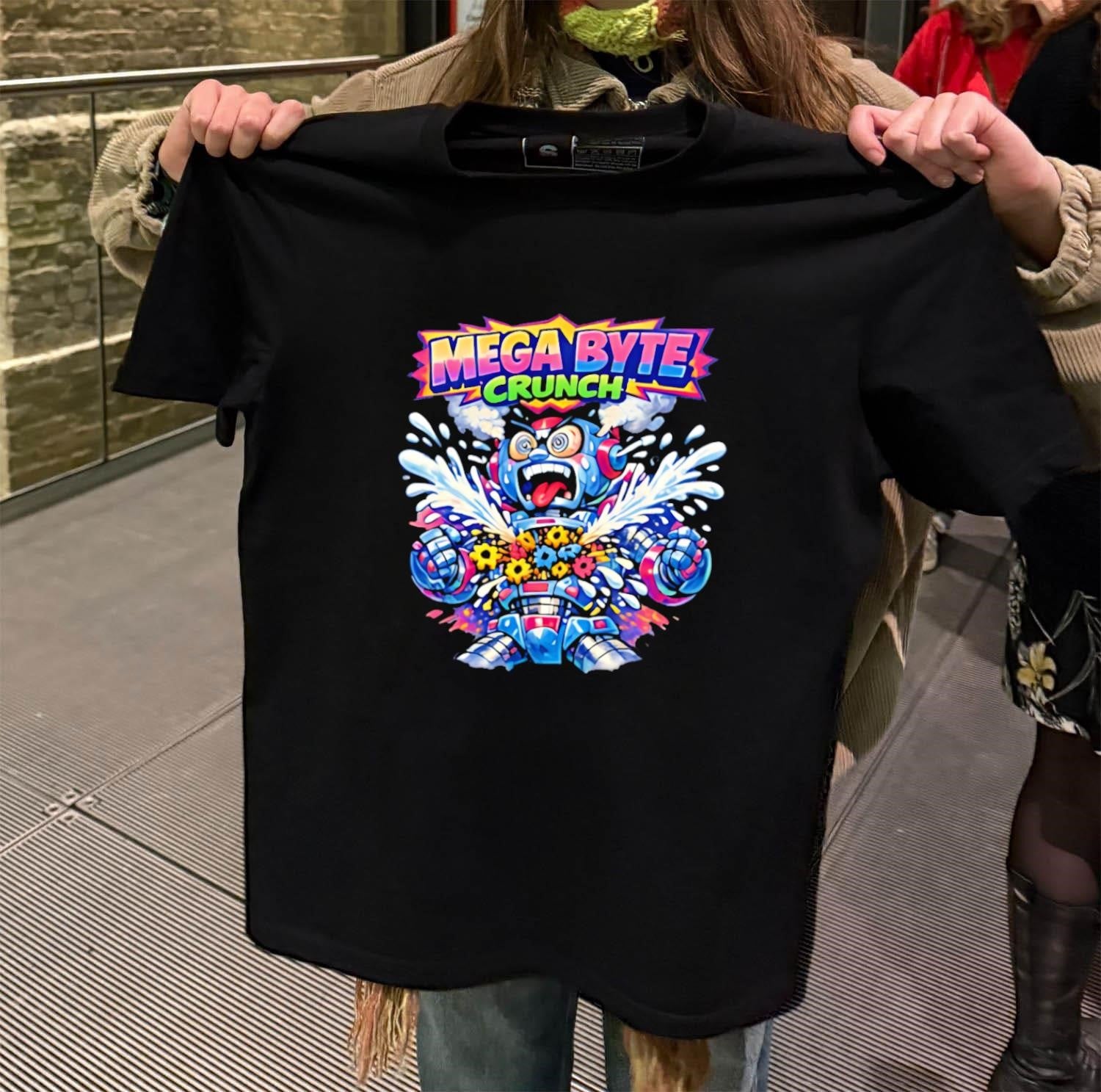 Mega Byte Crunch angry robot with exploding gears shirt