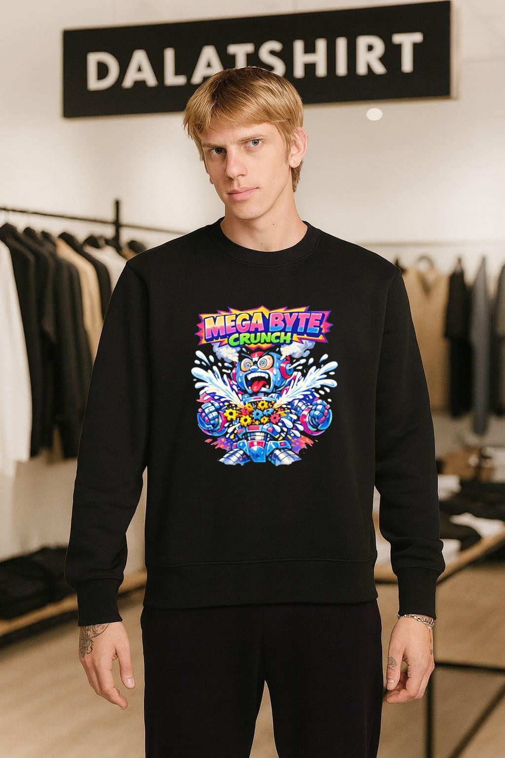 Mega Byte Crunch angry robot with exploding gears shirt