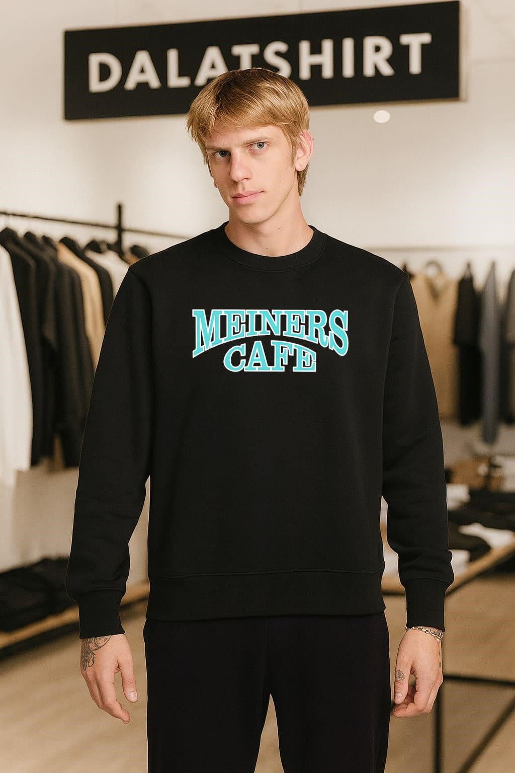 Meiners Cafe vintage curved teal lettering classic design shirt
