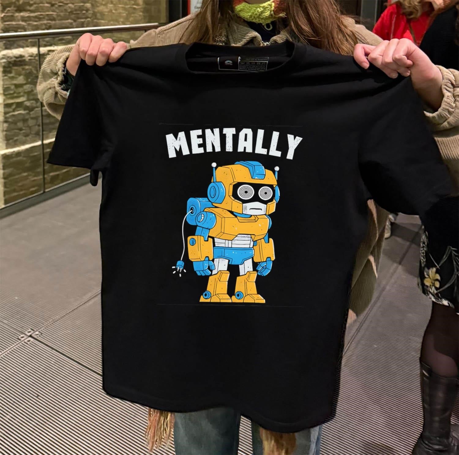 Mentally robot with spiral eyes and unplugged cord shirt