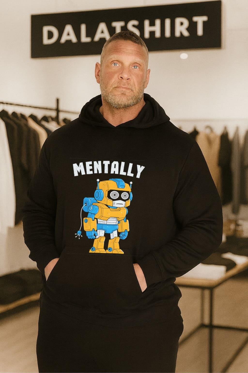 Mentally robot with spiral eyes and unplugged cord shirt