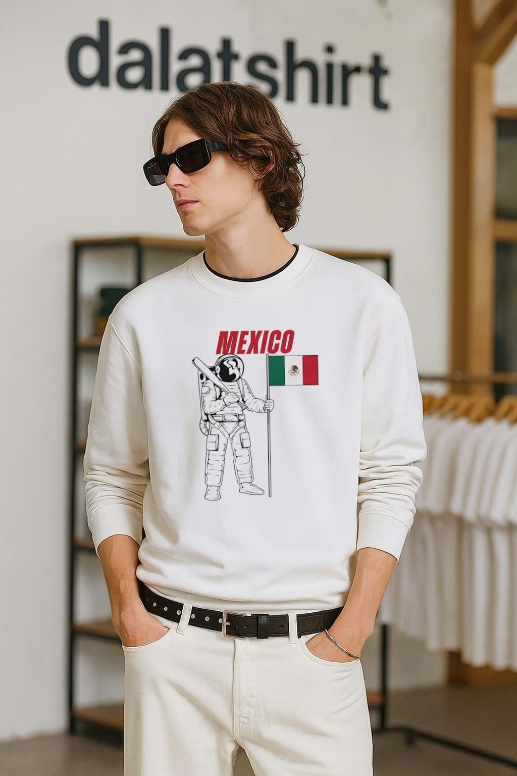 Mexico Astronaut Holding Baseball Bat and Flag of Mexico shirt