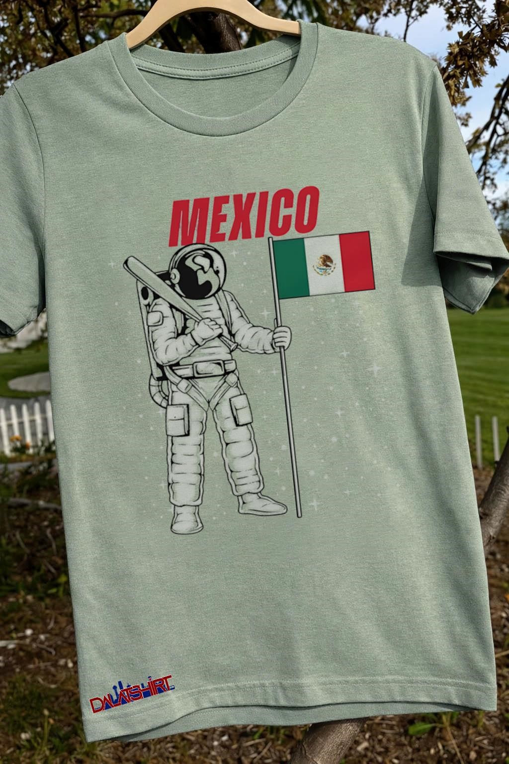 Mexico Astronaut Holding Baseball Bat and Flag of Mexico shirt