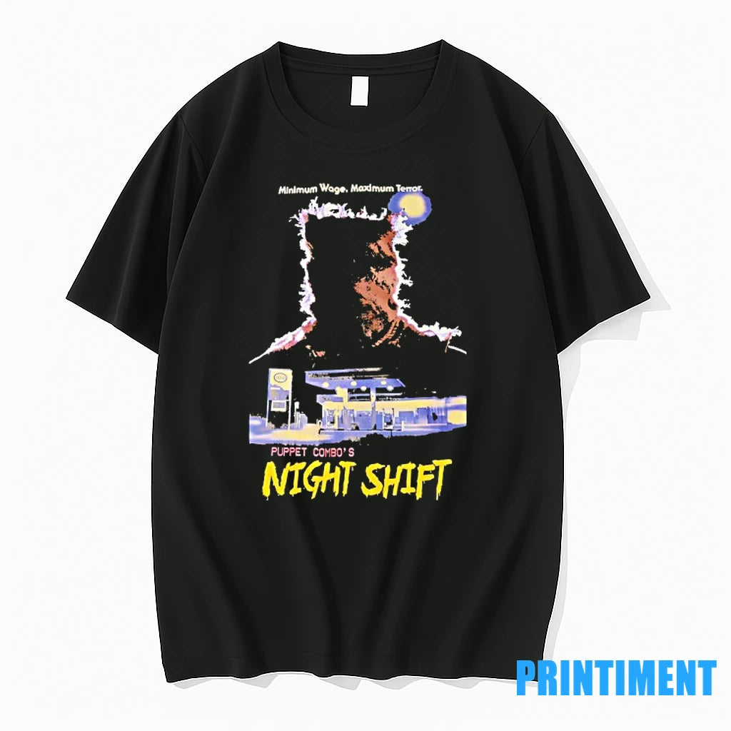 Minimum Wage Maximum Terror Puppet Combos Night Shift Horror Halloween Tshirts Sweater