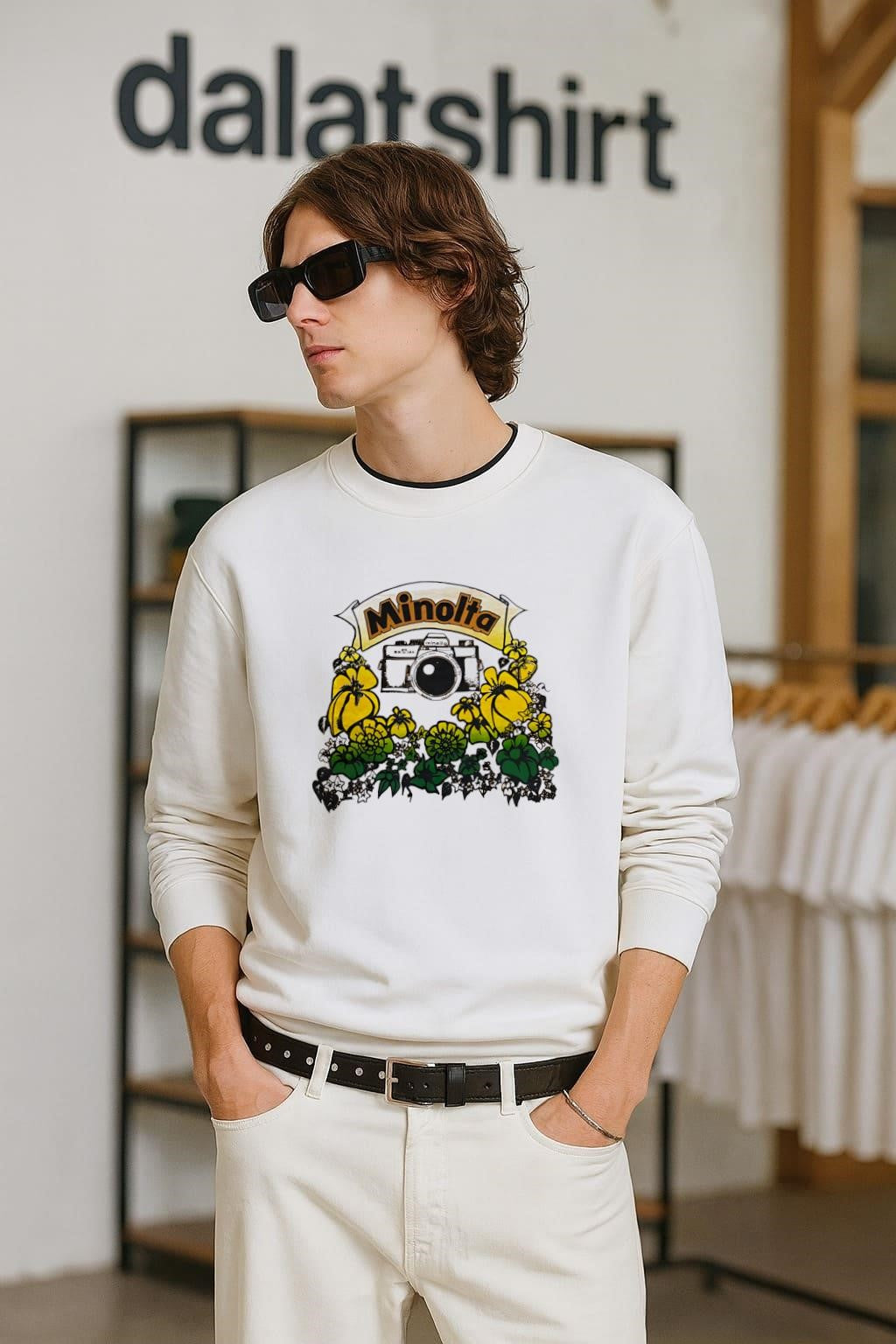 Minolta Camera with Yellow and Green Hibiscus Flowers shirt