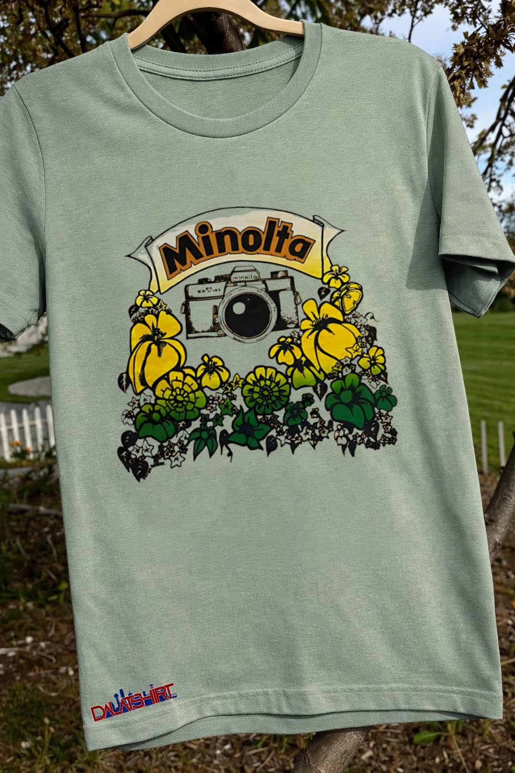 Minolta Camera with Yellow and Green Hibiscus Flowers shirt