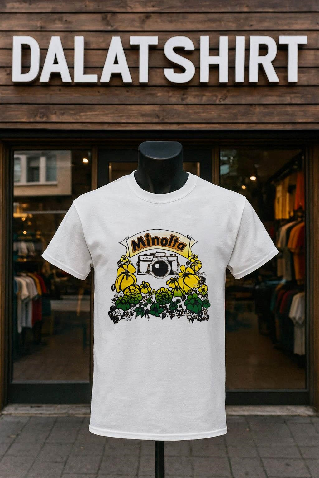 Minolta Camera with Yellow and Green Hibiscus Flowers shirt