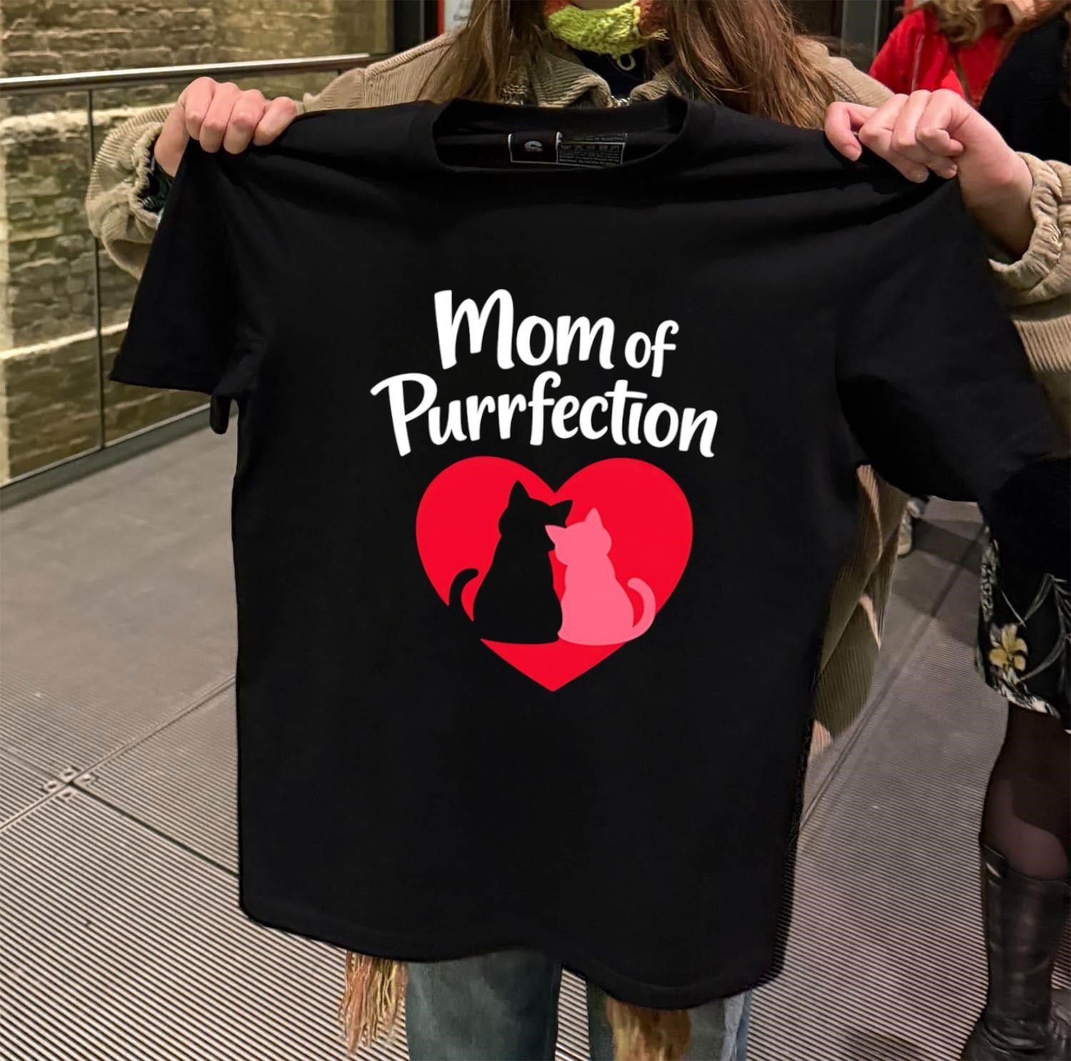 Mom of Purrfection Red Heart Black Cat shirt