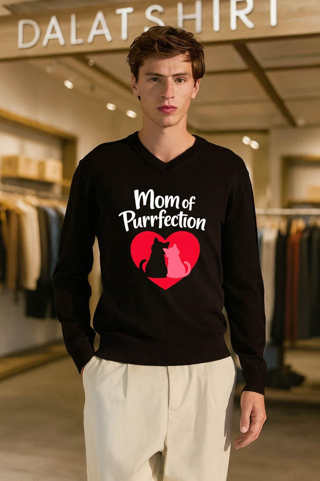 Mom of Purrfection Red Heart Black Cat shirt