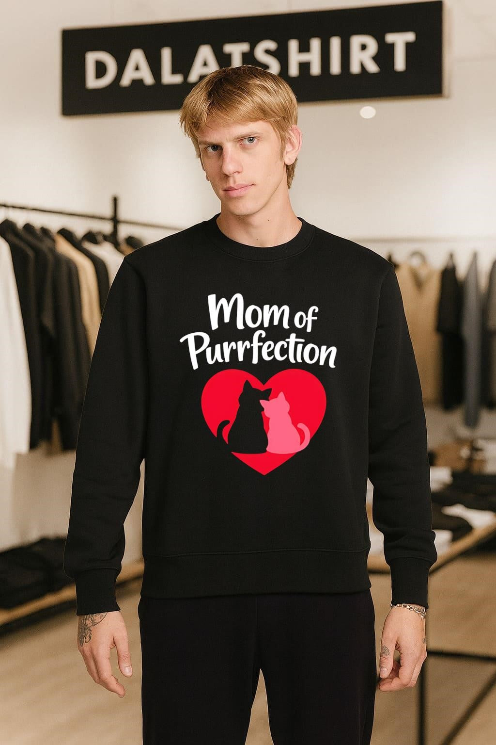 Mom of Purrfection Red Heart Black Cat shirt