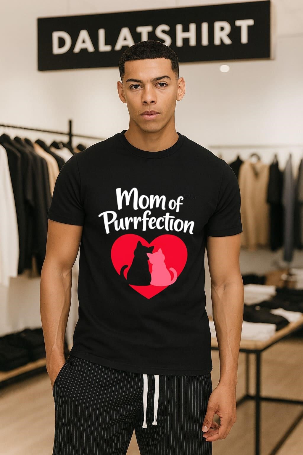 Mom of Purrfection Red Heart Black Cat shirt
