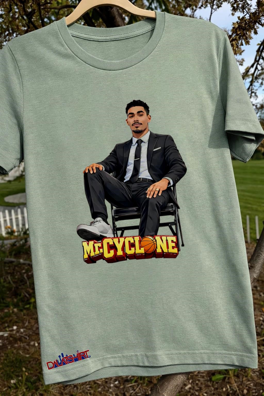 Mr Cyclone basketball player in suit sitting on chair shirt