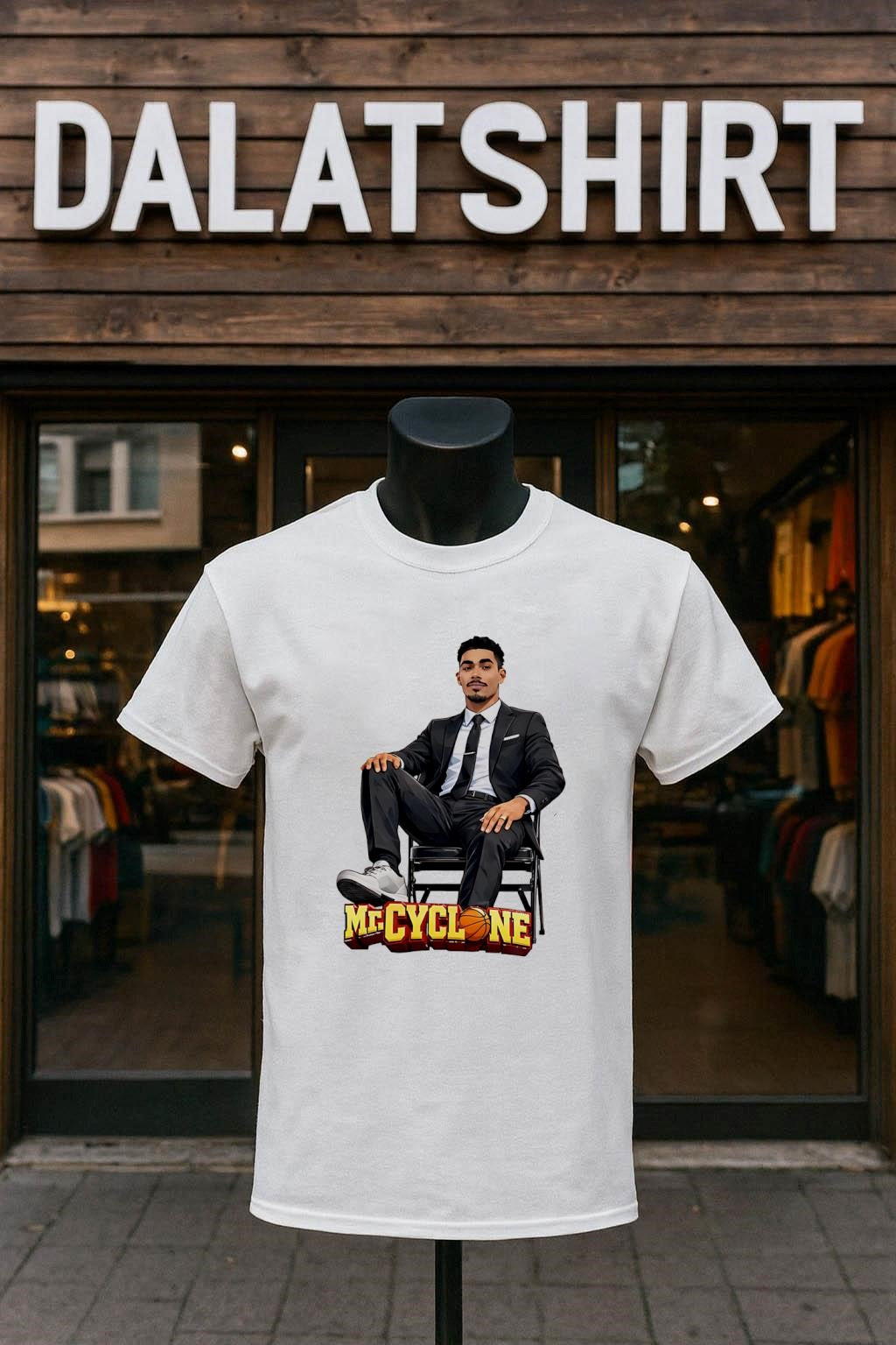 Mr Cyclone basketball player in suit sitting on chair shirt