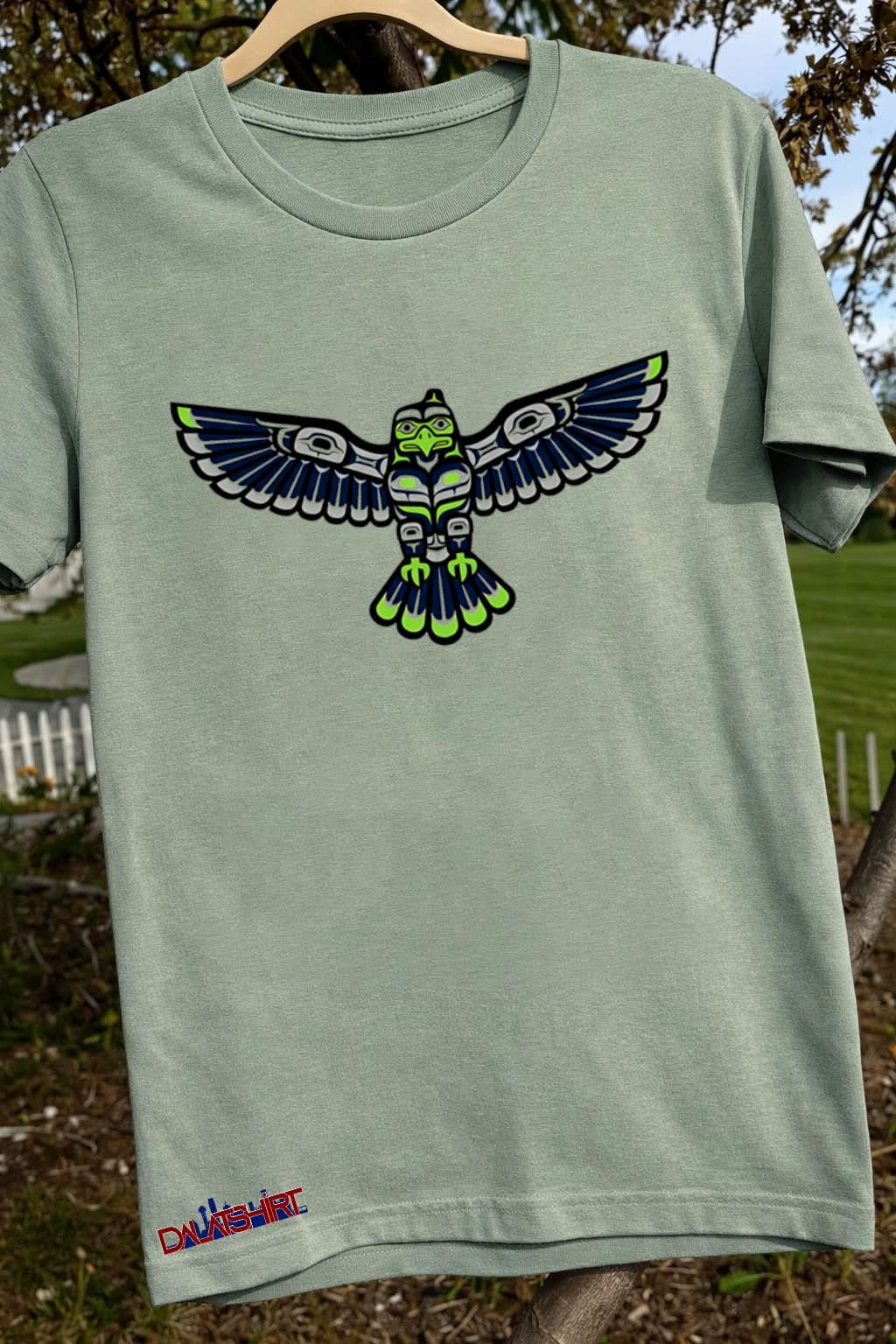Native American Style Totem Pole Flying Hawk Seattle Colors shirt