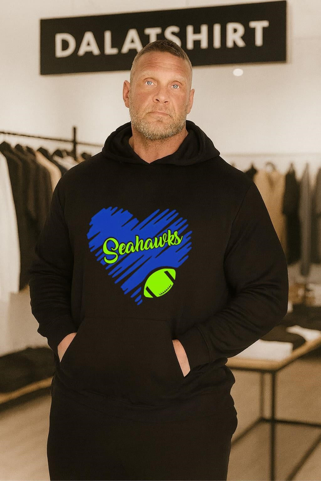 Navy Blue Heart Shape Seahawks Script Text Green Football shirt
