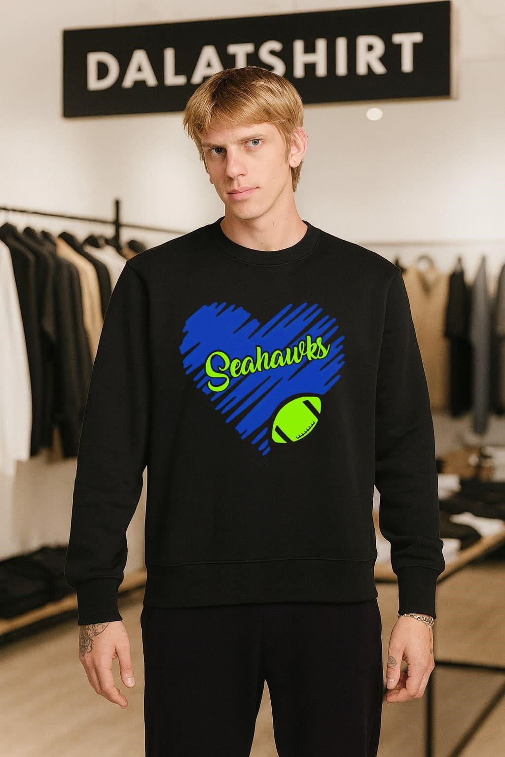 Navy Blue Heart Shape Seahawks Script Text Green Football shirt