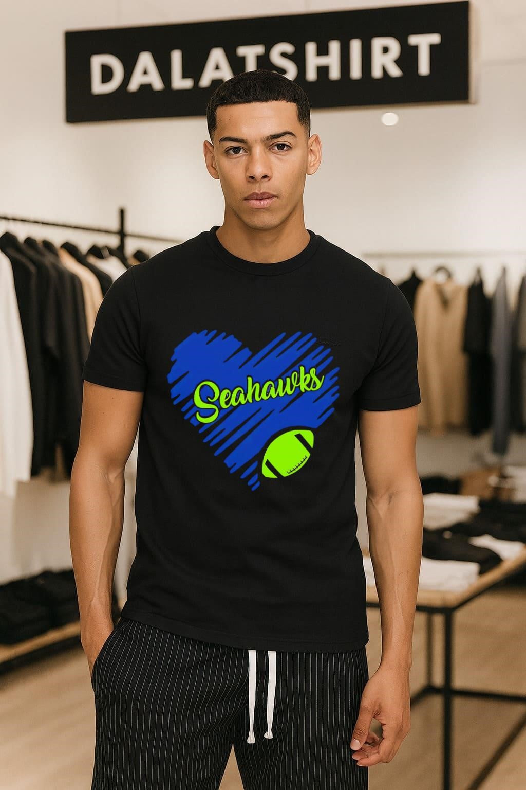 Navy Blue Heart Shape Seahawks Script Text Green Football shirt