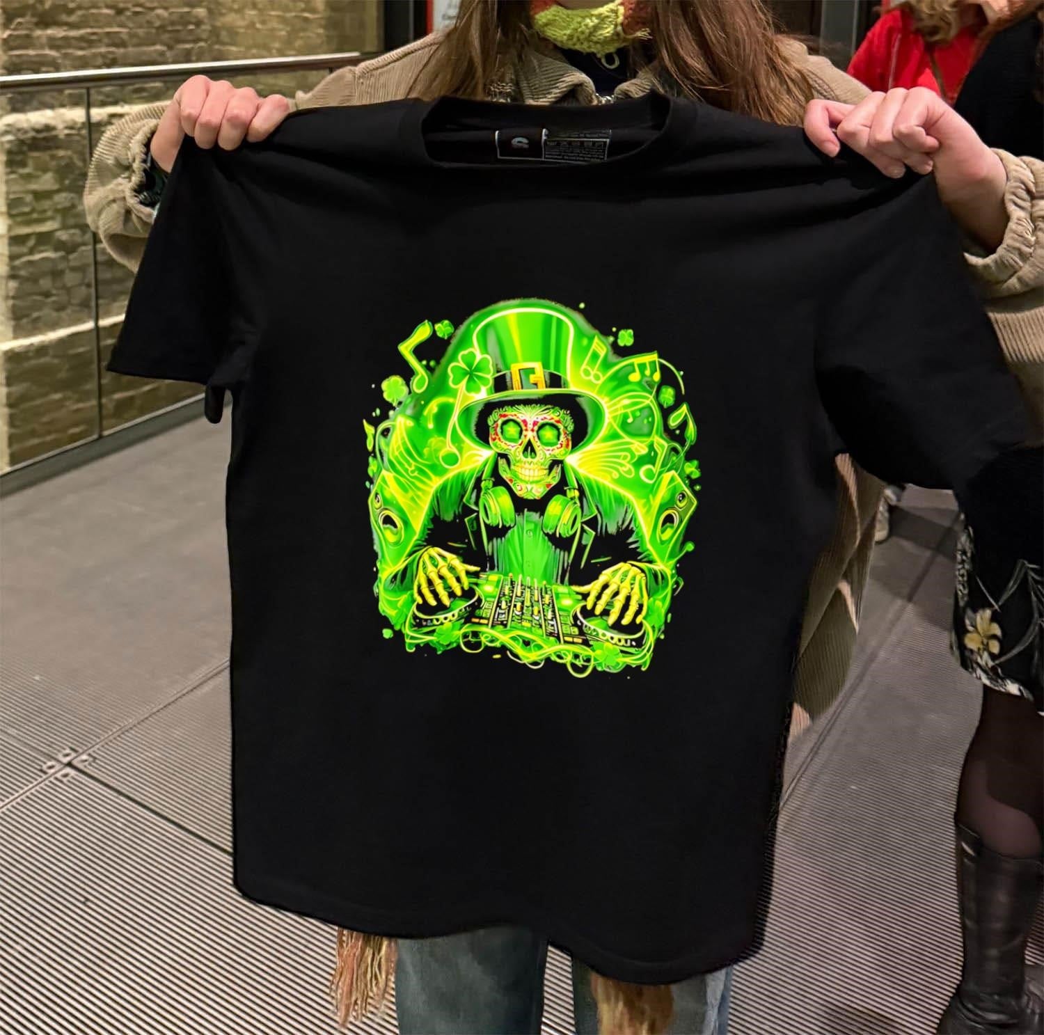 Neon St. Patricks Day Skeleton DJ Playing Music Mix shirt