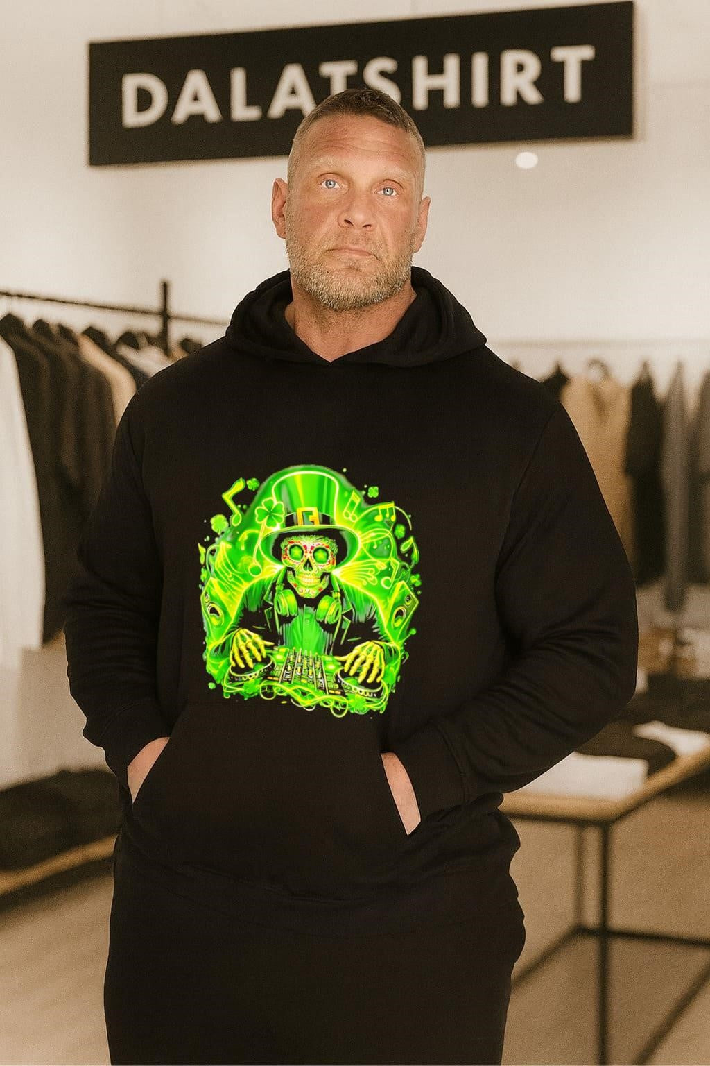 Neon St. Patricks Day Skeleton DJ Playing Music Mix shirt