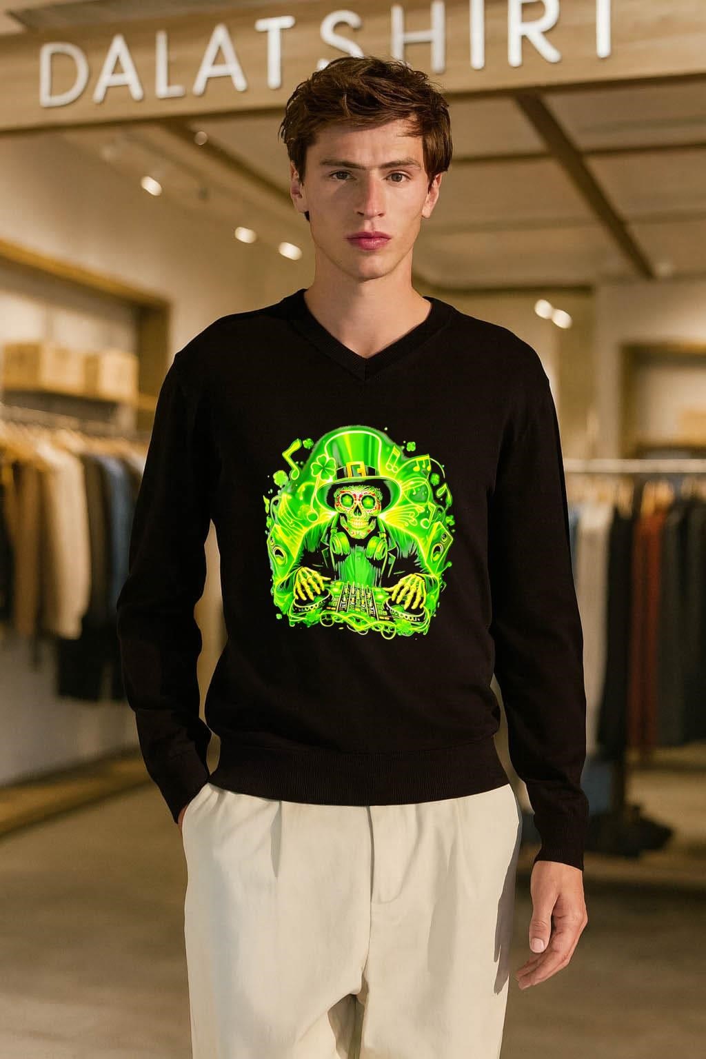 Neon St. Patricks Day Skeleton DJ Playing Music Mix shirt
