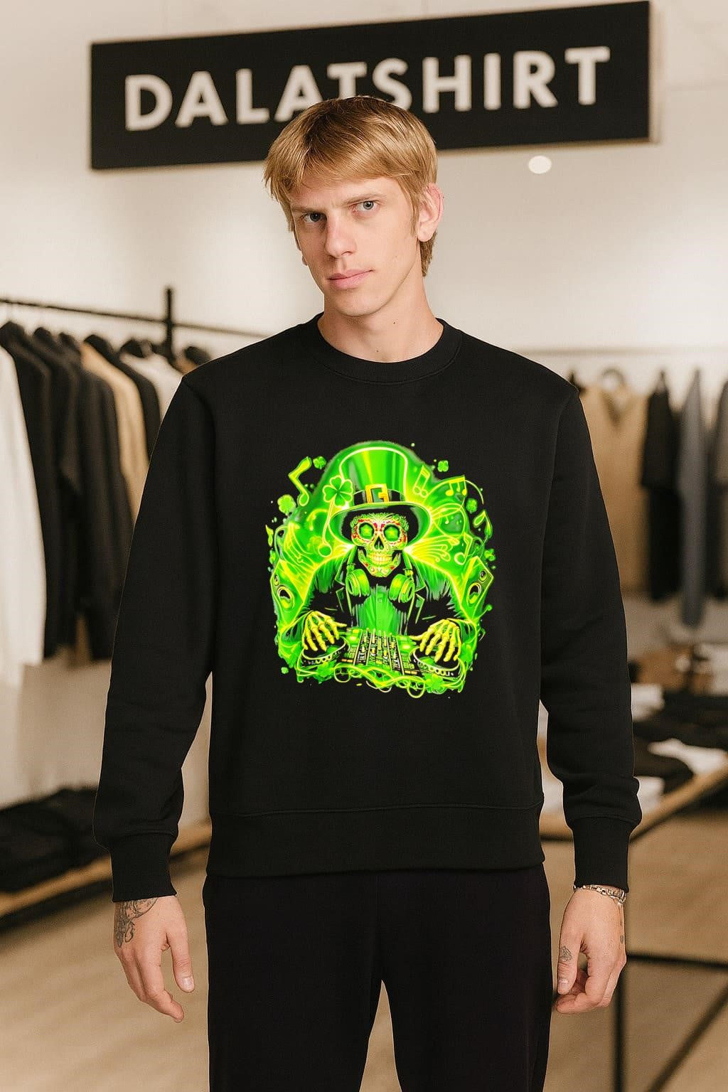 Neon St. Patricks Day Skeleton DJ Playing Music Mix shirt