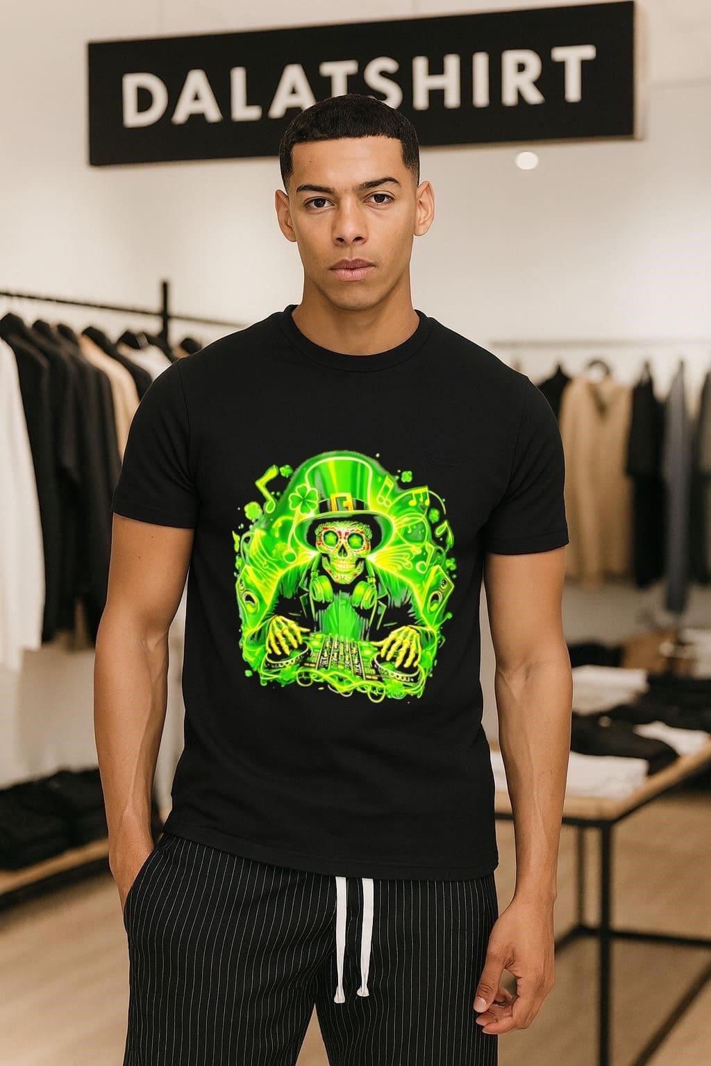 Neon St. Patricks Day Skeleton DJ Playing Music Mix shirt