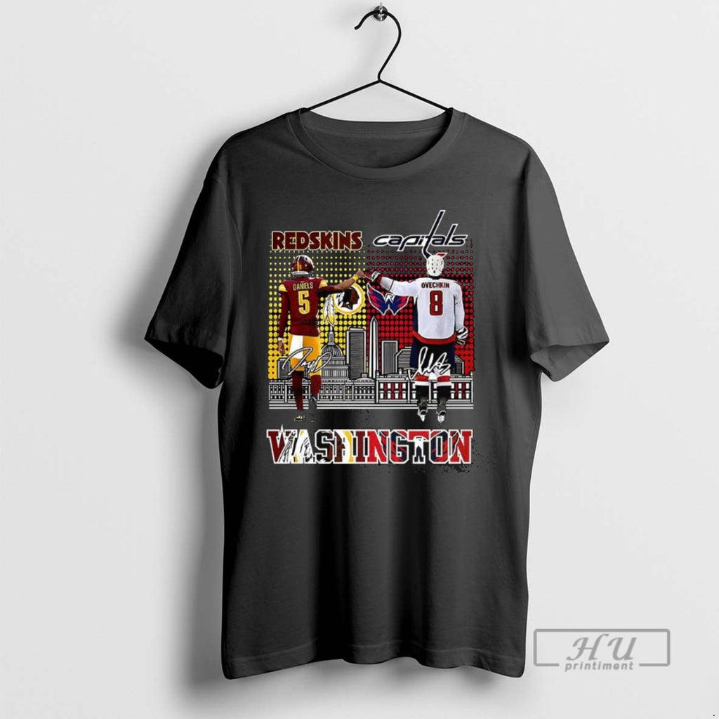 New Alexander Ovechkin Washington Capitals And Jayden Daniels Washington Commanders Signature Graphic Tee Shirt
