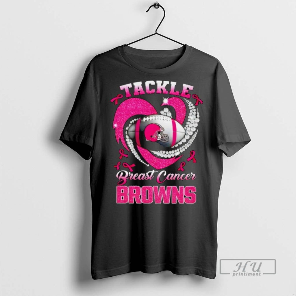 New Cleveland Browns Breast Cancer Awareness Tackle Heart Tee Shirts Sweatshirt Hoodies